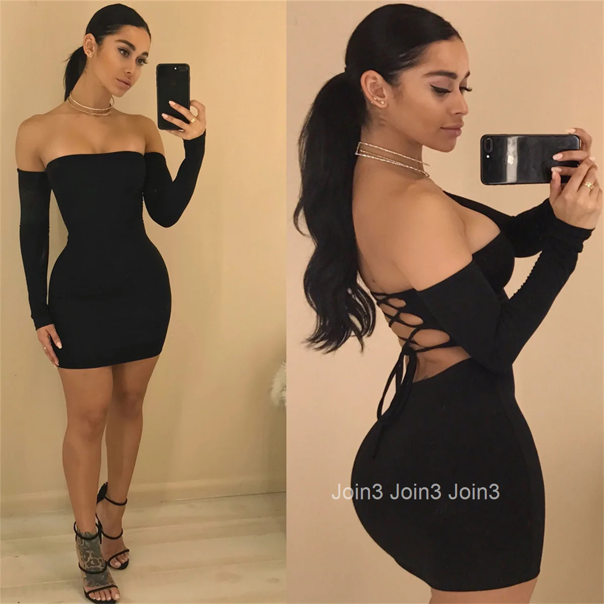 Spring New Hottie Girls Solid Sexy Hollow Out Long Sleeve Tie Waist Bodycon Strapless Hips Mini Skirts Elegant Fashionable Dress