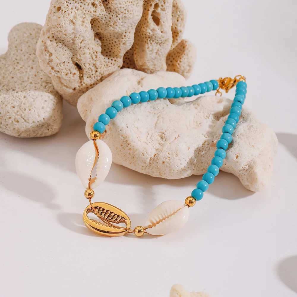 Zora Womens Versatile Beaded Shell Decoration Anklet Blue White Color 18K Gold-plated Stainless Steel Womens Fashion Jewelry Y250805