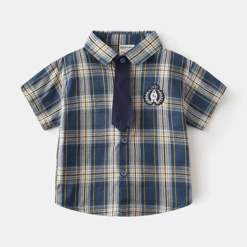 2025 Summer Boys Short-sleeved Shirt Children Square Neckline Plaid Shirt Baby White Cotton Casual Little Shirt X250806