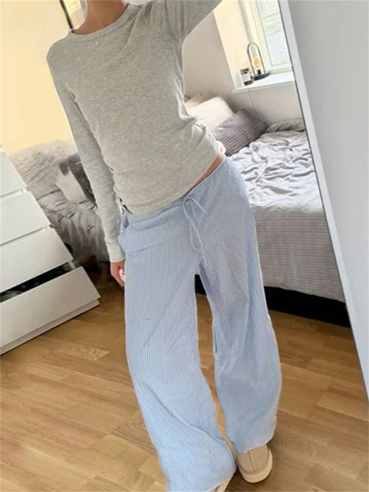 Cuteandpsycho Streetwear Striped Print Loose Trousers Lace-up Joggers Fashion Y2K Baggy Pants Basic Aesthetic 90s Cute Bottoms 250806