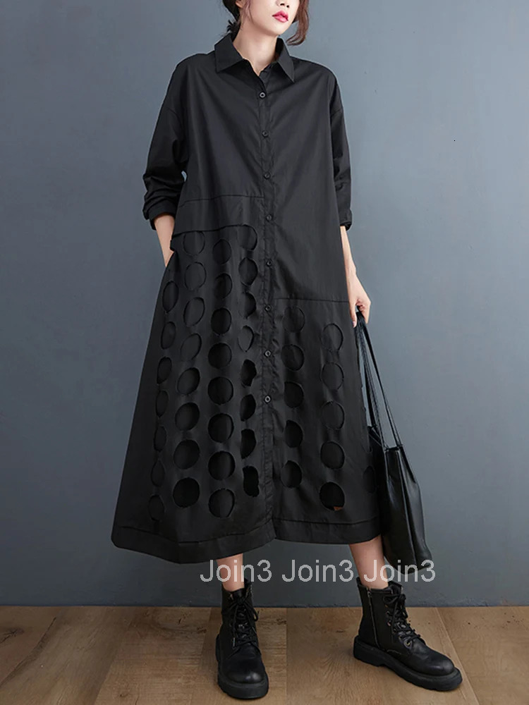 Polka Dot Hollow Out Cotton Shirt Dresses For Women Long Sleeve Loose Casual Vintage Dress Elegant Clothing Spring Autumn