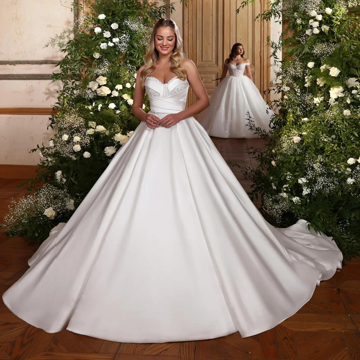 2025 Exquisite Classic Wedding Dresses Sweetheart Beads Pearls Lace Up A Line Satin Church Bride Bridal Formal Grown Vestidos De Noiva