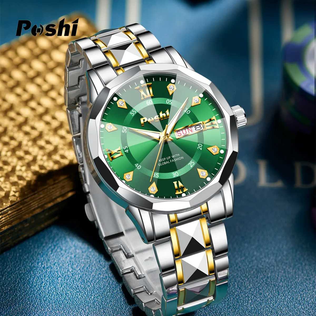 POSHI Mens Date Week Fashion Men Original Waterproof Non-mechanical Luminous Dual Calendar Quartz Wrist W250806