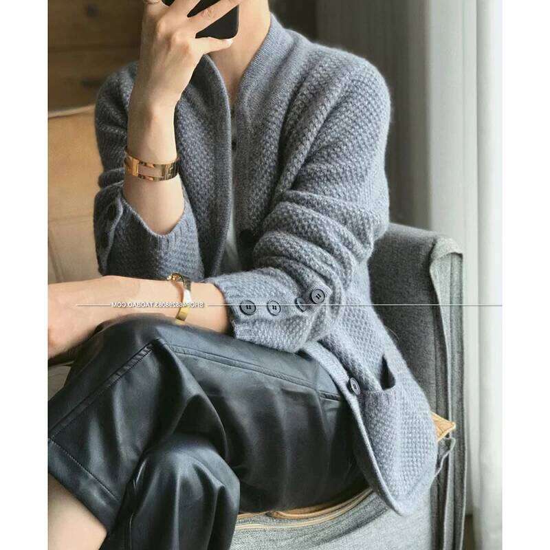 Autumn Winter New Thickened 100% Pure Cashmere Cardigan Women Stand Neck Loose Knit Base Sweater Jacket 250806