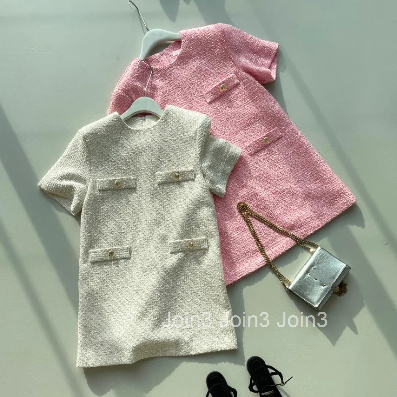Simple O Neck Short Sleeve Elegant Tweed Dress Women Summer Vintage All Match Loose Robe Femme Korean Style Chic Vestidos