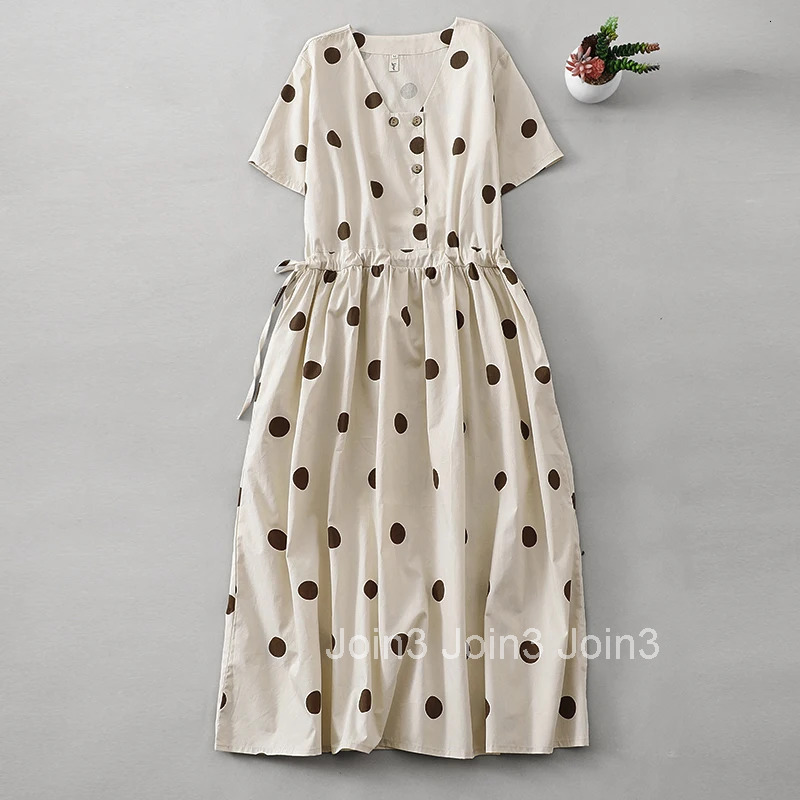 Dot V-neck short-sleeved simple cotton dress women summer new Japanese temperament elegant loose drawstring casual dresses