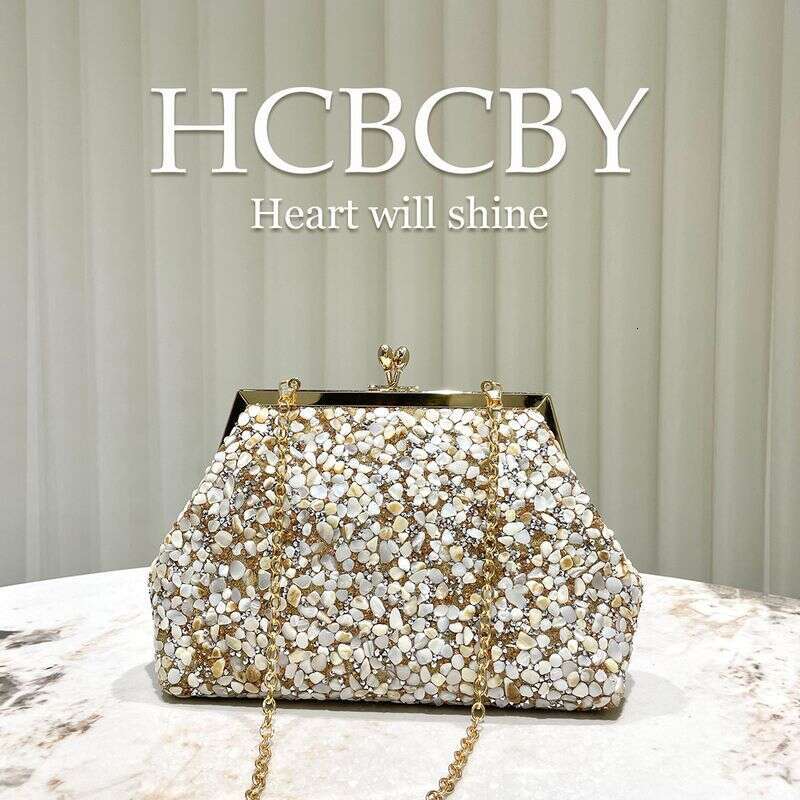 Gold Stone Shell Decorated Handbag Women's Fashionable Elegant Evening Clutch Dress Bag
