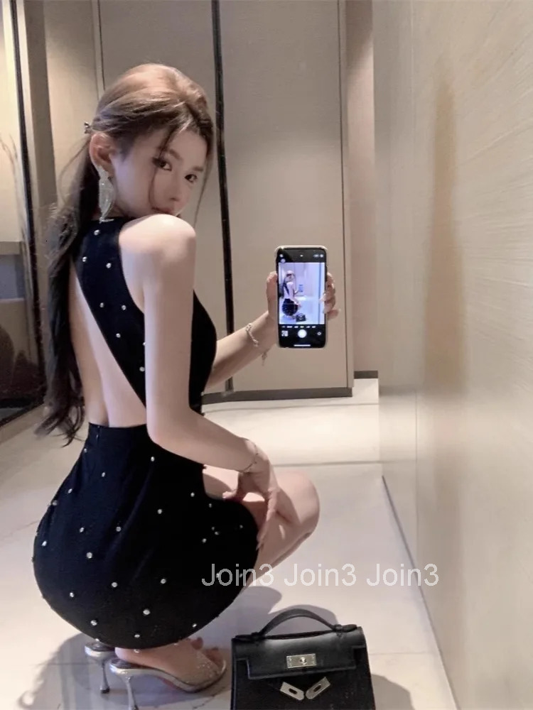 Woman Dress Sleeveless Rhinestone Slim Backless Vintage French Style Summer New Elegant Party Dresses Vintage Ladies