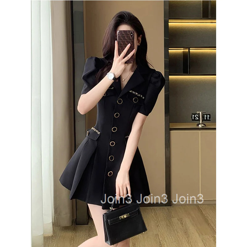 Ladies Temperament Buttons Turn-down Collar Short Sleeve Suit Dress Spring Summer Fashionable Pleated Elegant Dress Women Dress