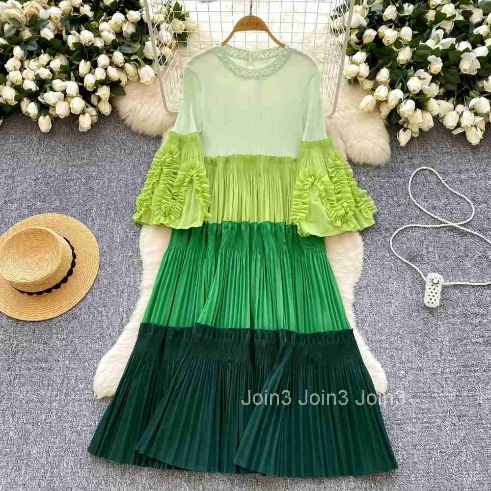 French Retro Elegant O Neck Flare Sleeve Chic Gradient Fairy A-line Dress Holiday Womens Fashion Summer Vest Sweet Clothing