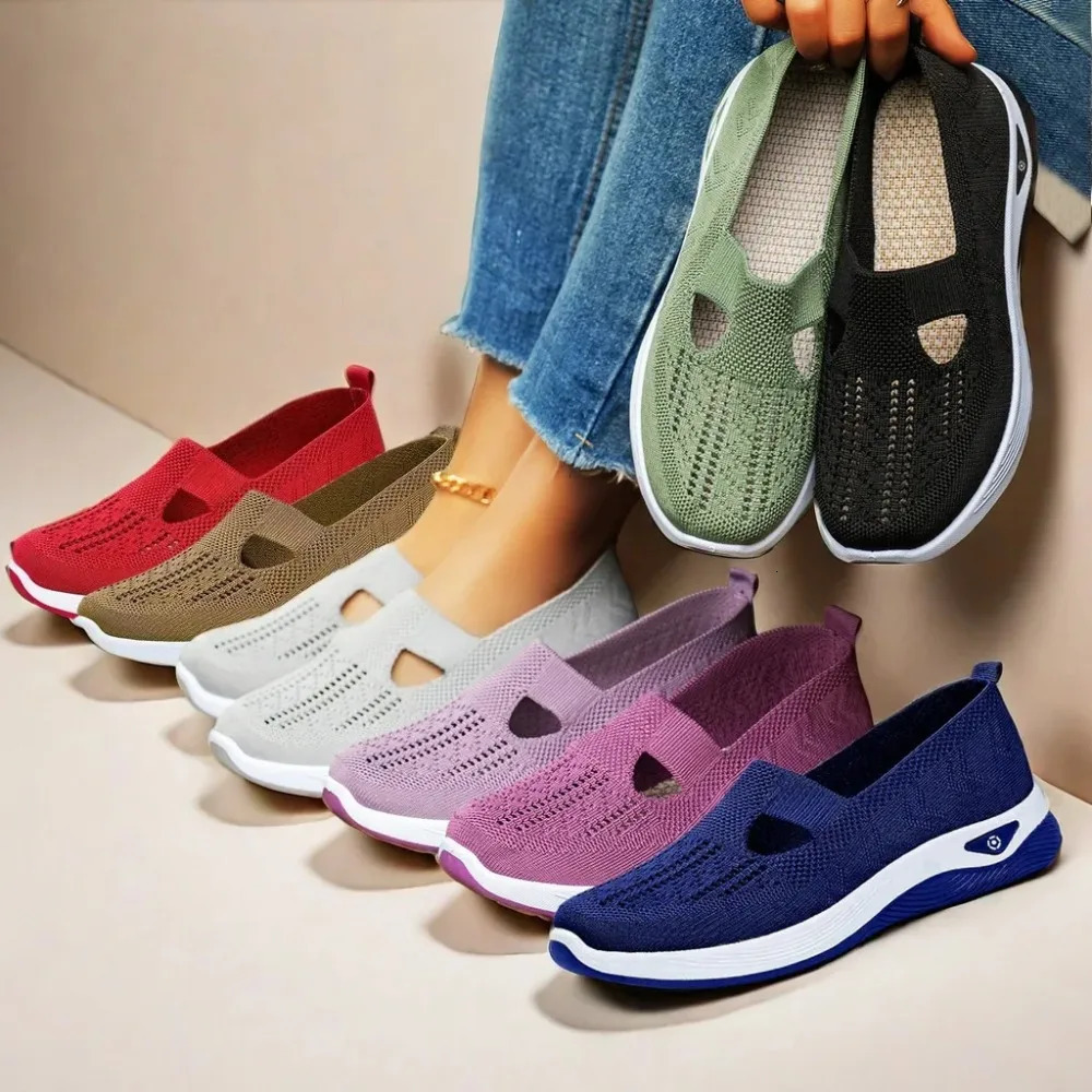 Breathable Womens Walking Shoes Soft Sole Anti Slip Knit Casual Sneakers Comfortable Summer Flats for Elderly Ladies 250731