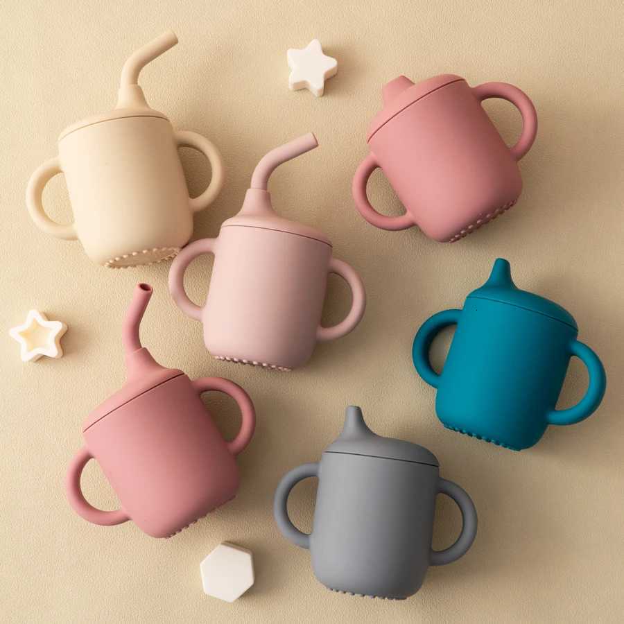 1PC Silicone Baby Cups Sippy Cup Double Lid Water Bottle Kids Portable Baby Tableware Learning Feeding Baby Item BPA Free X250806