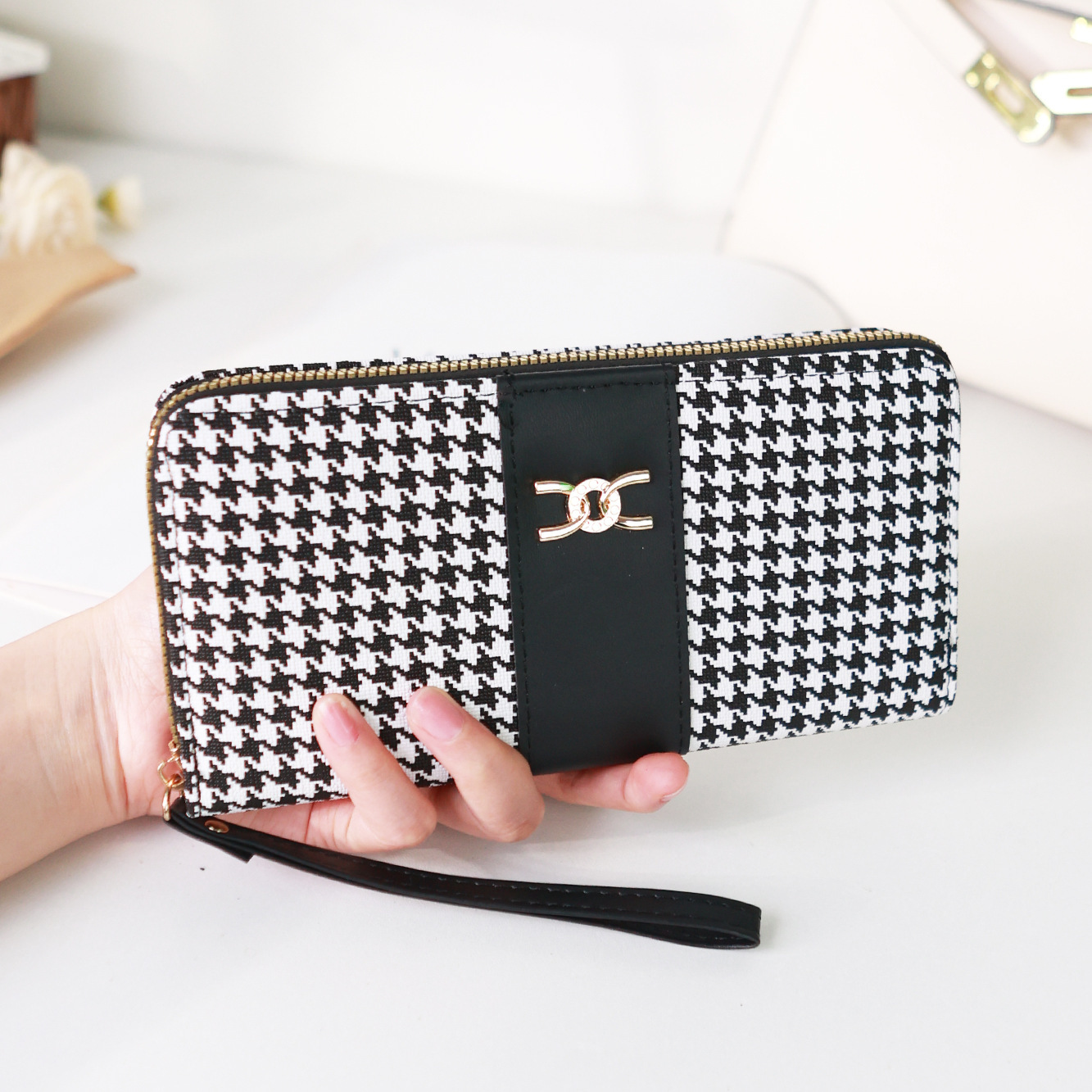 New Korean Style Long Fashion Print Single Zipper Large Capacity Plaid Pattern Wallet for Women