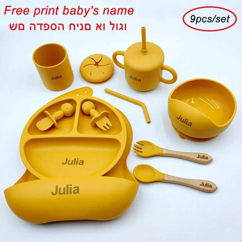 9Pcs Baby Feeding Set Personalized Name Plate Bowl For Kids Straw Cup Childrens Silicone Tableware Free Customization Name X250806
