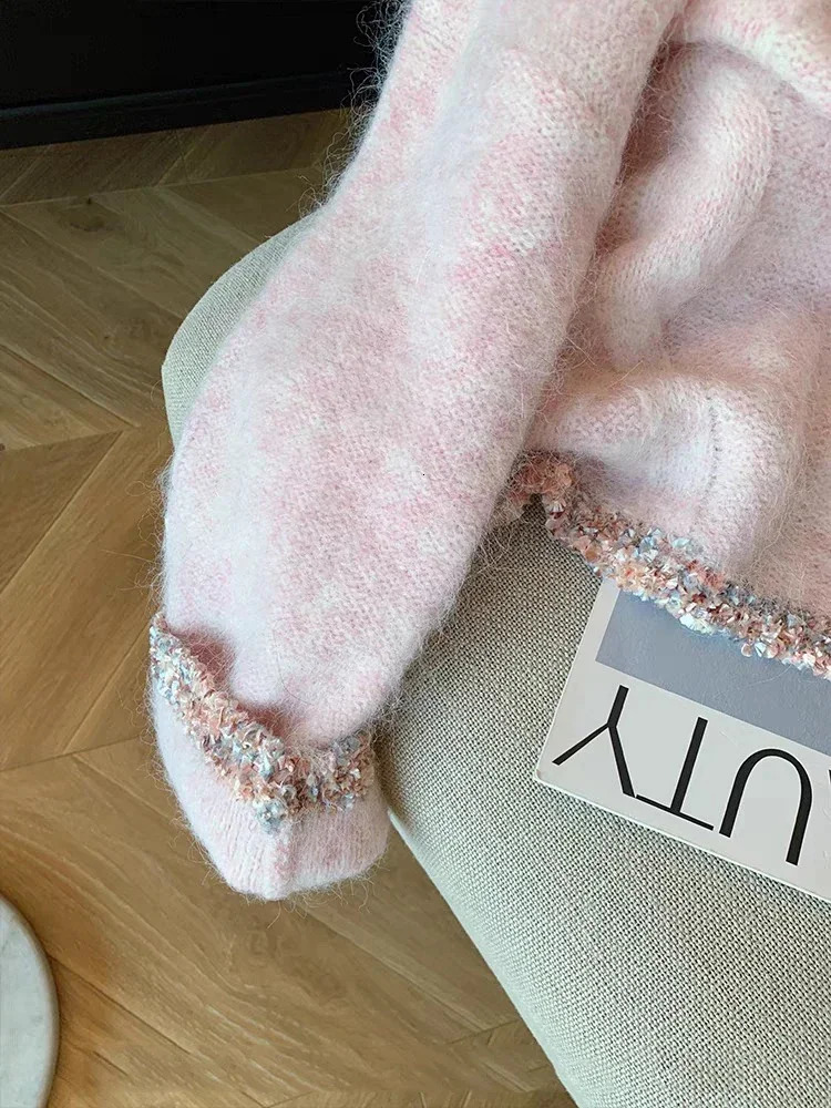 Contrast Knitted Sweater Woman 2025 Outerwears Casual Loose Round Neck Pullovers Sweet Lazy Ropa Mujer Autumn Winter Clothes 250804