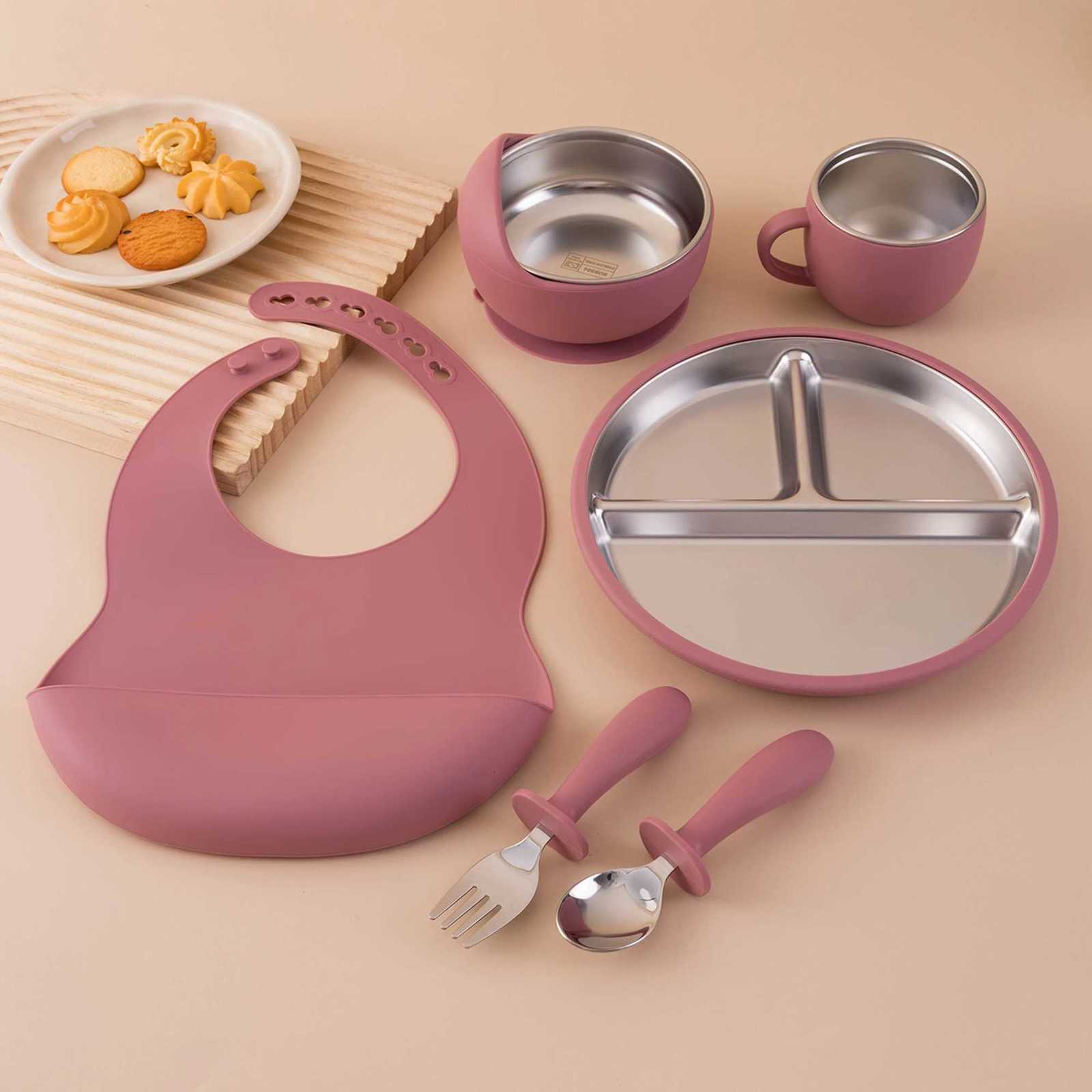 6PCS BPA Free Stainless Steel Silicone Infant Feeding Set Includes Bowl Plate Bib Detachable Design Baby Tableware For Weaning X250806