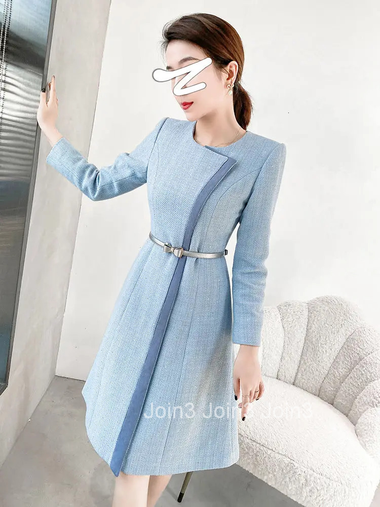 Autumn/Winter High End Temperament Blue A-line Elegant Dress Socialite Commuting Belted Waist Slimming Maxi Dress for Women