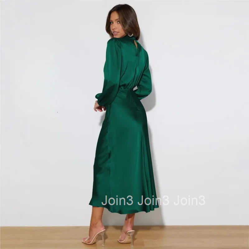 Elegant satin high neck back hollow button long sleeved dress spring and autumn womens fashion temperament party evening dress