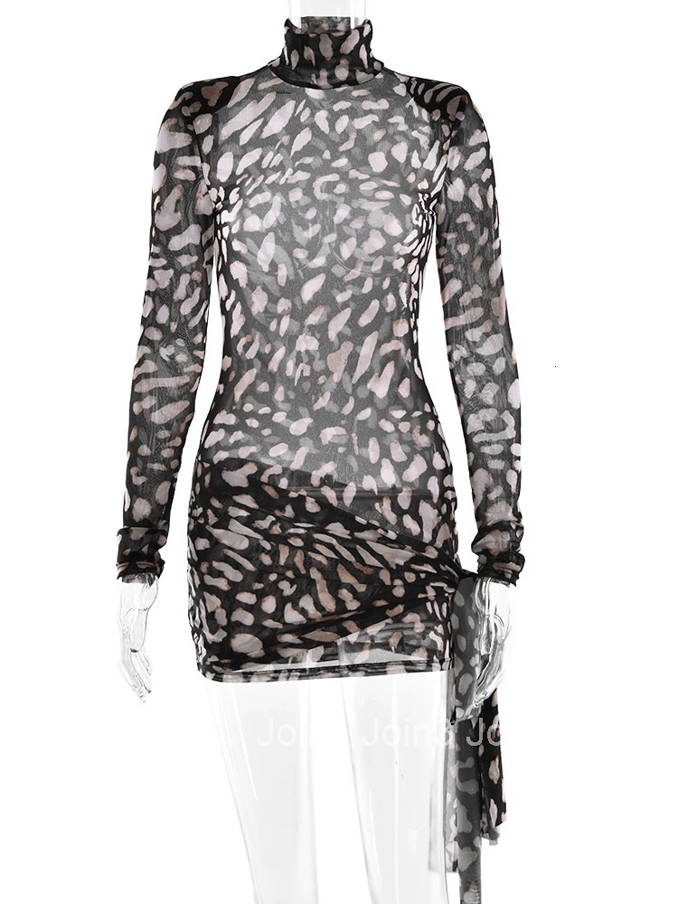 Turtleneck Print Leopard Bandage Women Dress Long Sleeve High Waist Dress Female Spring Skinny Elegant Party Clubwear