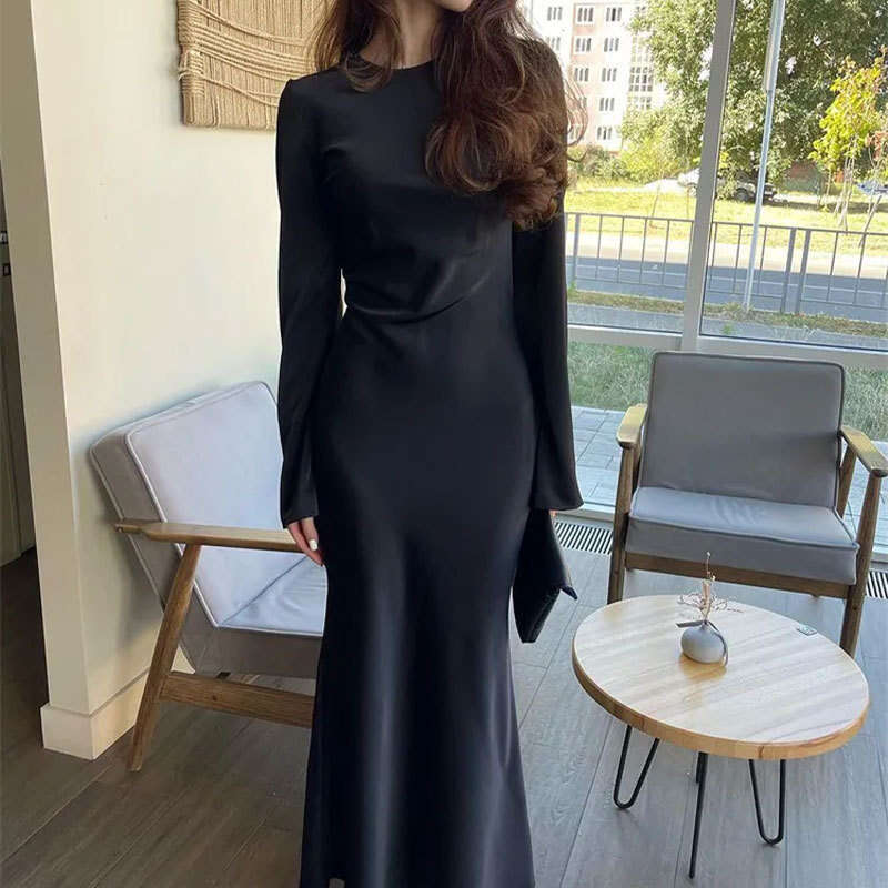 New Women's Solid Color Round Neck Waist-Cinching Elegant Long Sleeve French Dress 661 B5