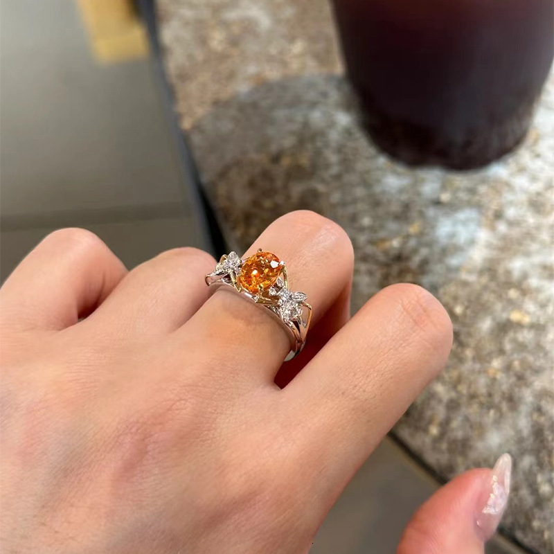 Hui Zhi Wing Jewelry Live Model S Silver Plated with Gold 7*9mm Oval Sunset Orange Ring Fashionable OL Style