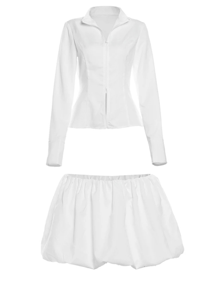 Weird Puss Casual Women 2Piece Set Autumn Trend Skinny Simple Daily Long Sleeve Crop TopsPuffy Skirt Streetwear Matching Outfit 250804