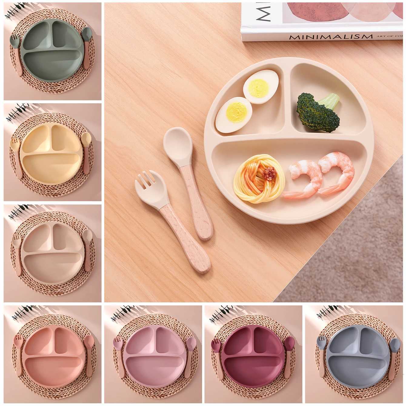3PCS Silicone Baby Tableware Set Color Kids Feeding Utensils With Wooden Spoon Fork BPA Free Training Dishes Plate Dinnerware X250806