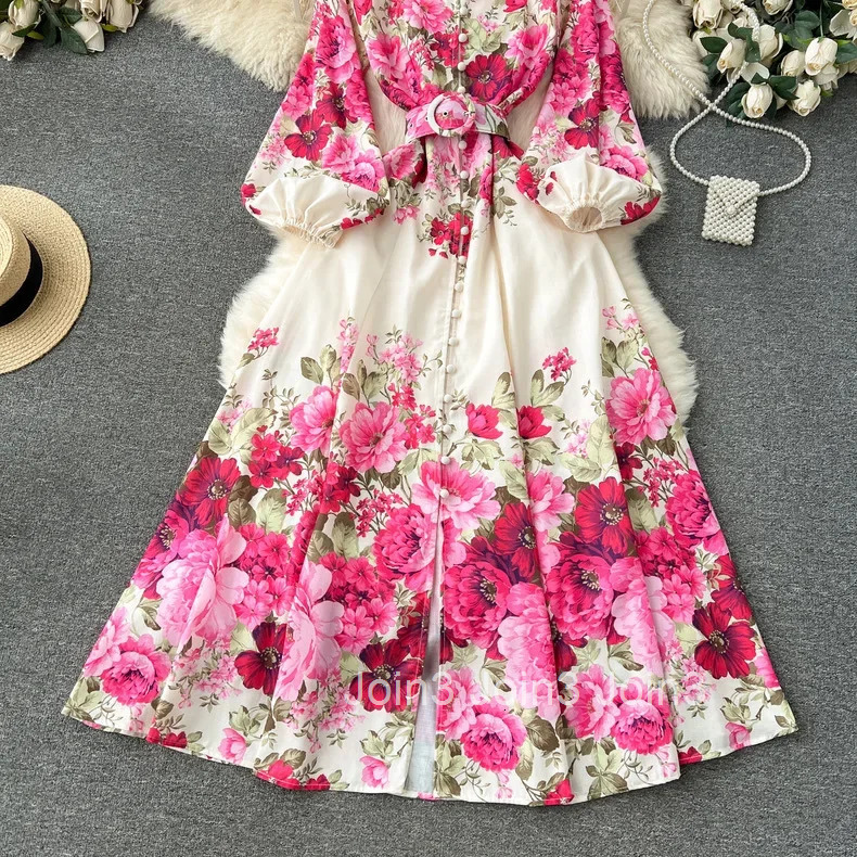 High-end Feelprinting Slimming Dresses Series Spring New Long French Sleeve Elegant Dresses For Women