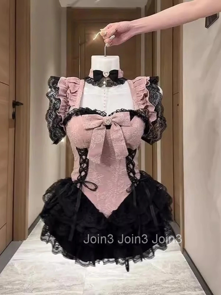 Summer Sweet Elegant Women Lolita Dress Y2k Lace Off Shoulder Design Short Party Dress Female Retro Chic Korean Popular Clothes