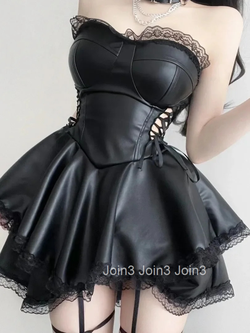Pure Desire Style Spicy Girl Sweet Cool Strapless Waist Cinching Design Lace Leather Dress Elegant Sweet Bandage Mini Dress