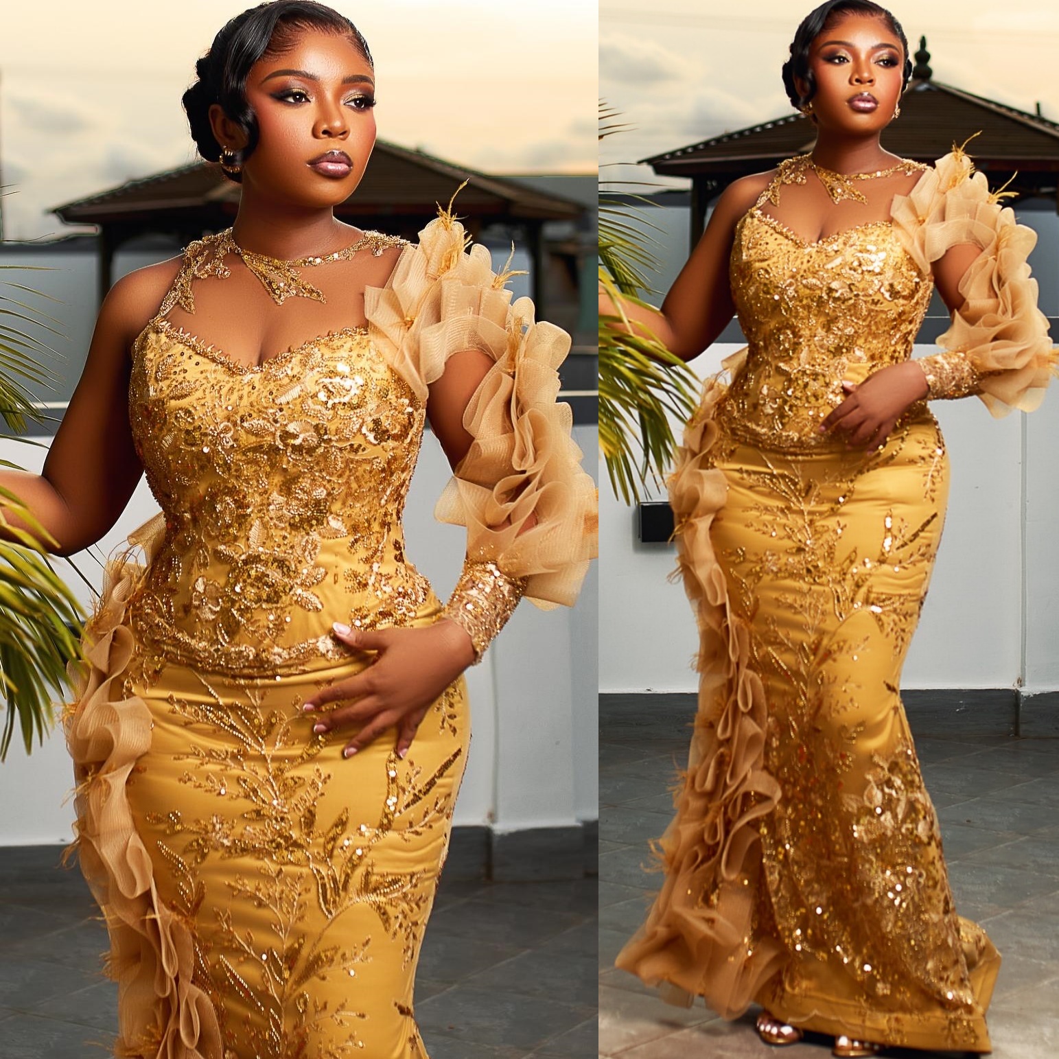 Mermaid Gold Prom Dresses 2025 Beaded Sequined Lace Sparkly Evening Formal Party Second Birthday Engagement Gowns Plus Size Dress For Special Occasion