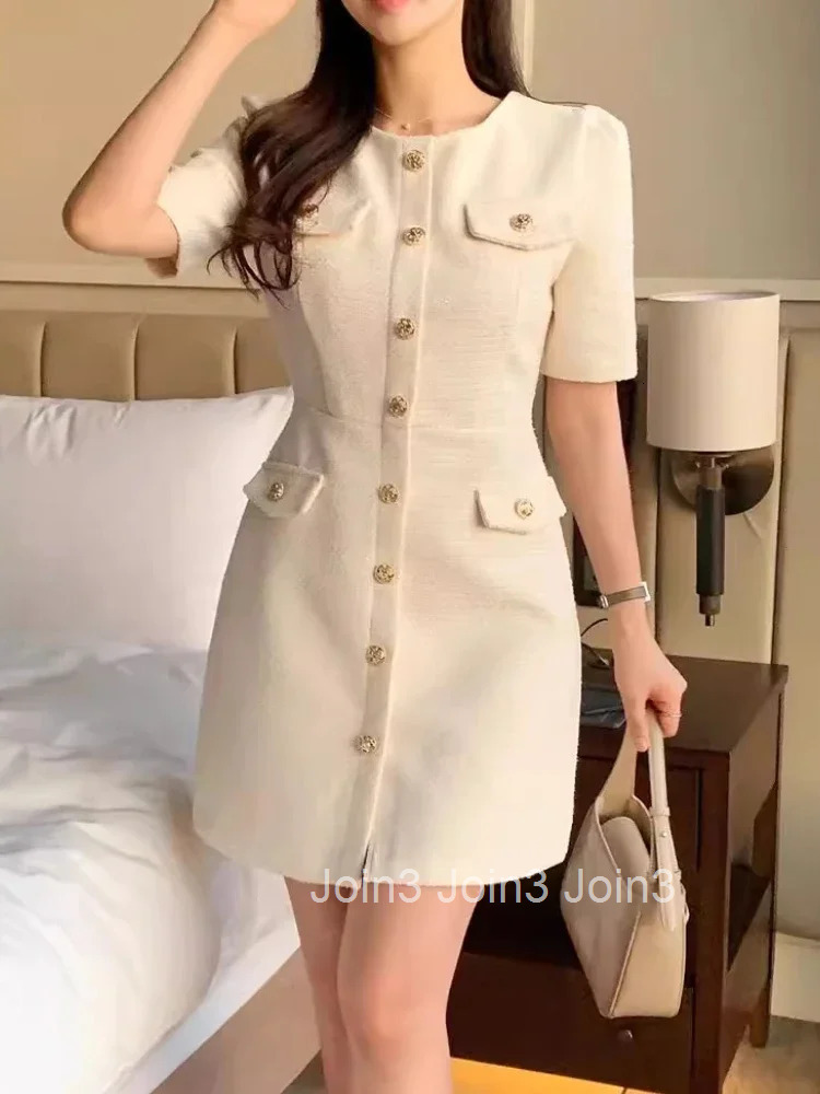 Summer New Korean Elegant Tweed Dress Women Small Fragrance Short Sleeve Single Breasted Mini Dresses Vestidos High Quality