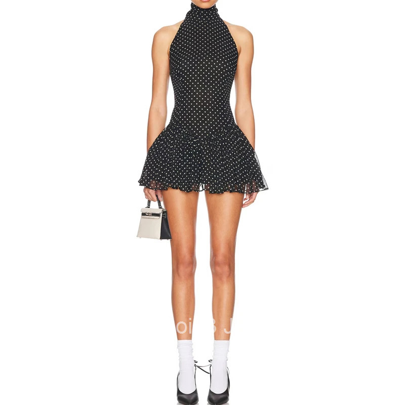 Summer New Womens High Collar Sleeveless Polka Dot Dress Y2K High Quality Fashion Elegant Anti-Light Pleated Mini Skirt