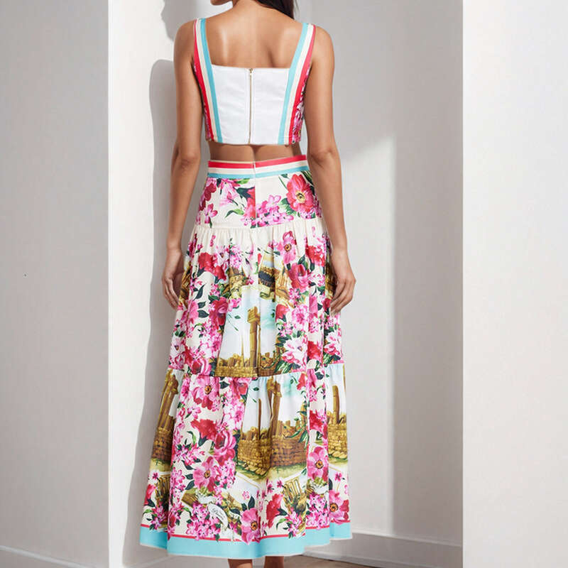 Women's Printed Strapless Camisole Top + High Waist Skirt Fashion Two-Piece Set For Women B5