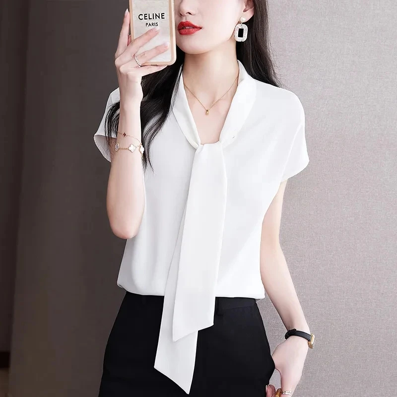 Bow Tie Blouse Shirt for Women OL Elegant Blouses Satin Womens Tops Silk Female Clothing Korean Fashion Short Sleeve Blouse 250806