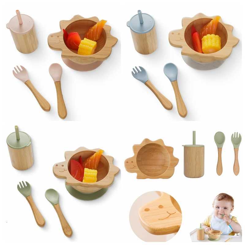 4pc Bamboo Wooden Dinosaur Dinner Plate Baby Bowl Spoon Fork Cup Silicone Suction Plate Tableware Set Baby Feeding Accessories X250806