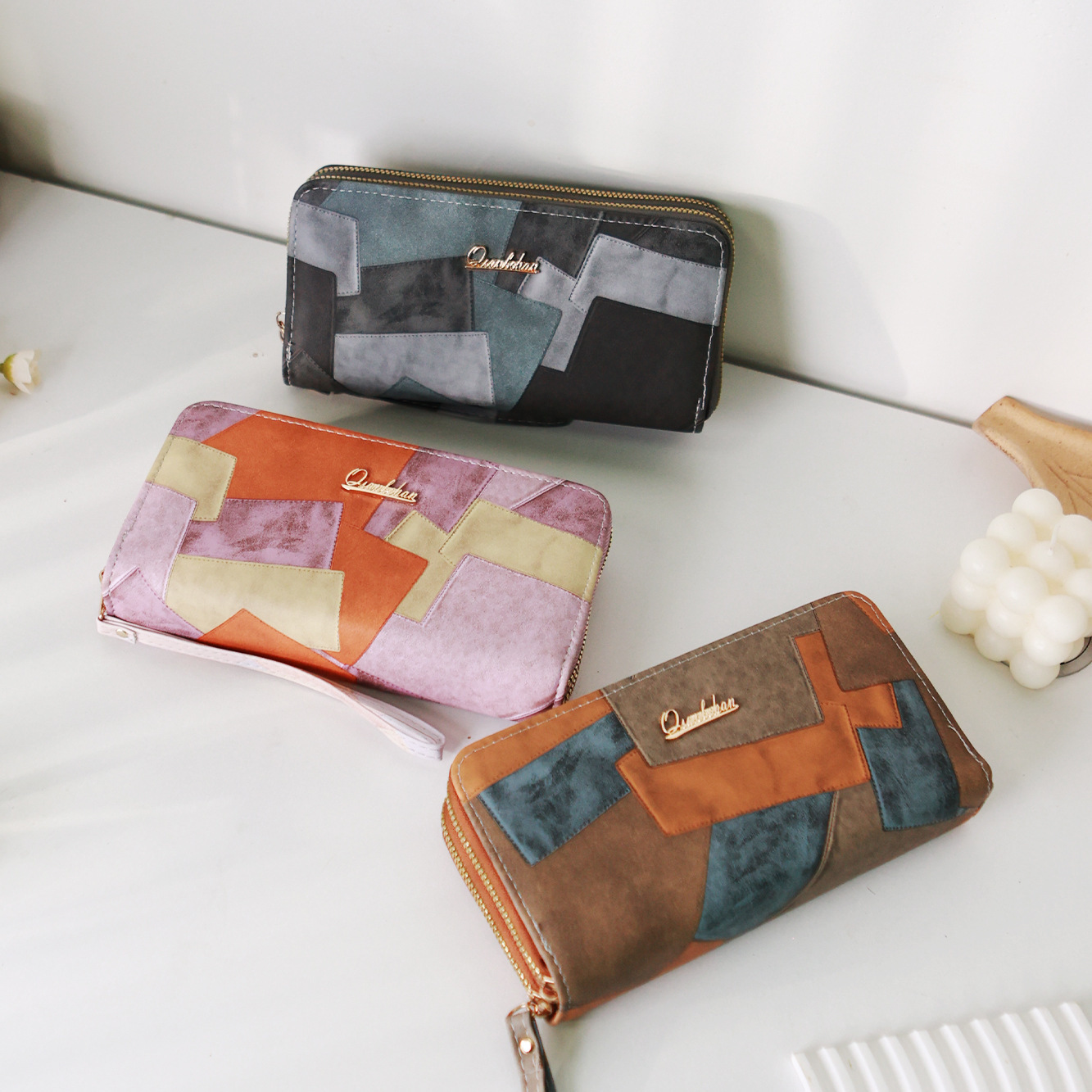 New Women's Leather Wallet Color Block Double Zipper Large Capacity Clutch Simple High-end Phone Bag