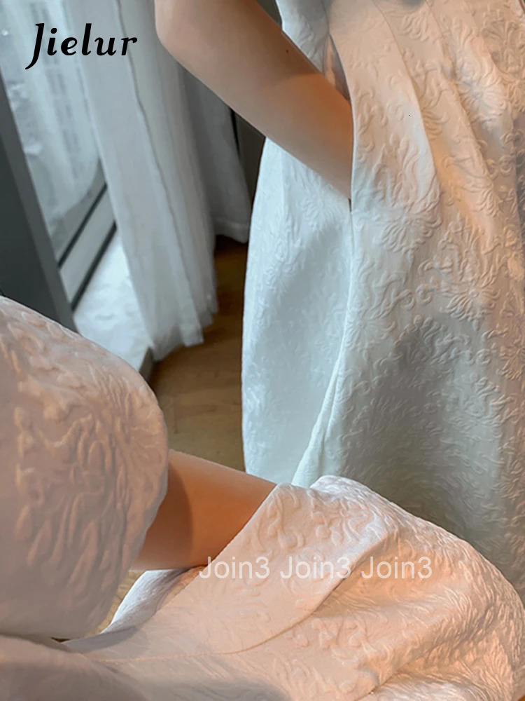 Jielur Vintage French Holiday White Dress Short Puff Sleeves Zipper Front A Line Slim Dress Elegant Party Dress Summer