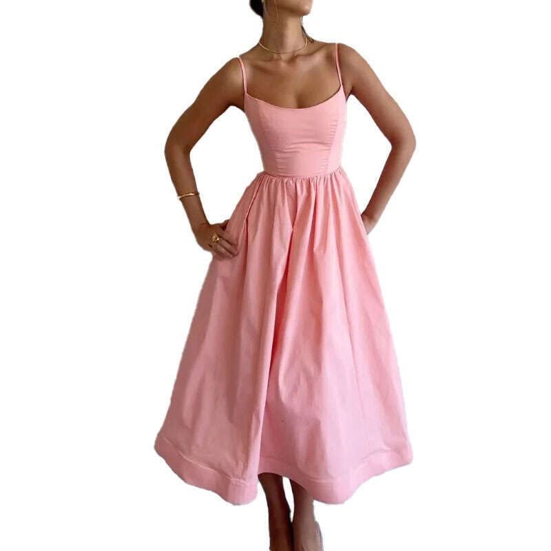 Summer New Women's Elegant Strap Dress, Solid Color High Waist Flared Dress B5