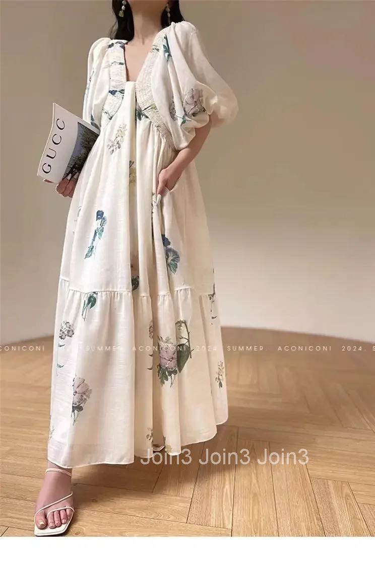 Vintage Fashion Printing Dress Cotton Linen Large Hem Loose Design V-neck Short Sleeves Women Dresses