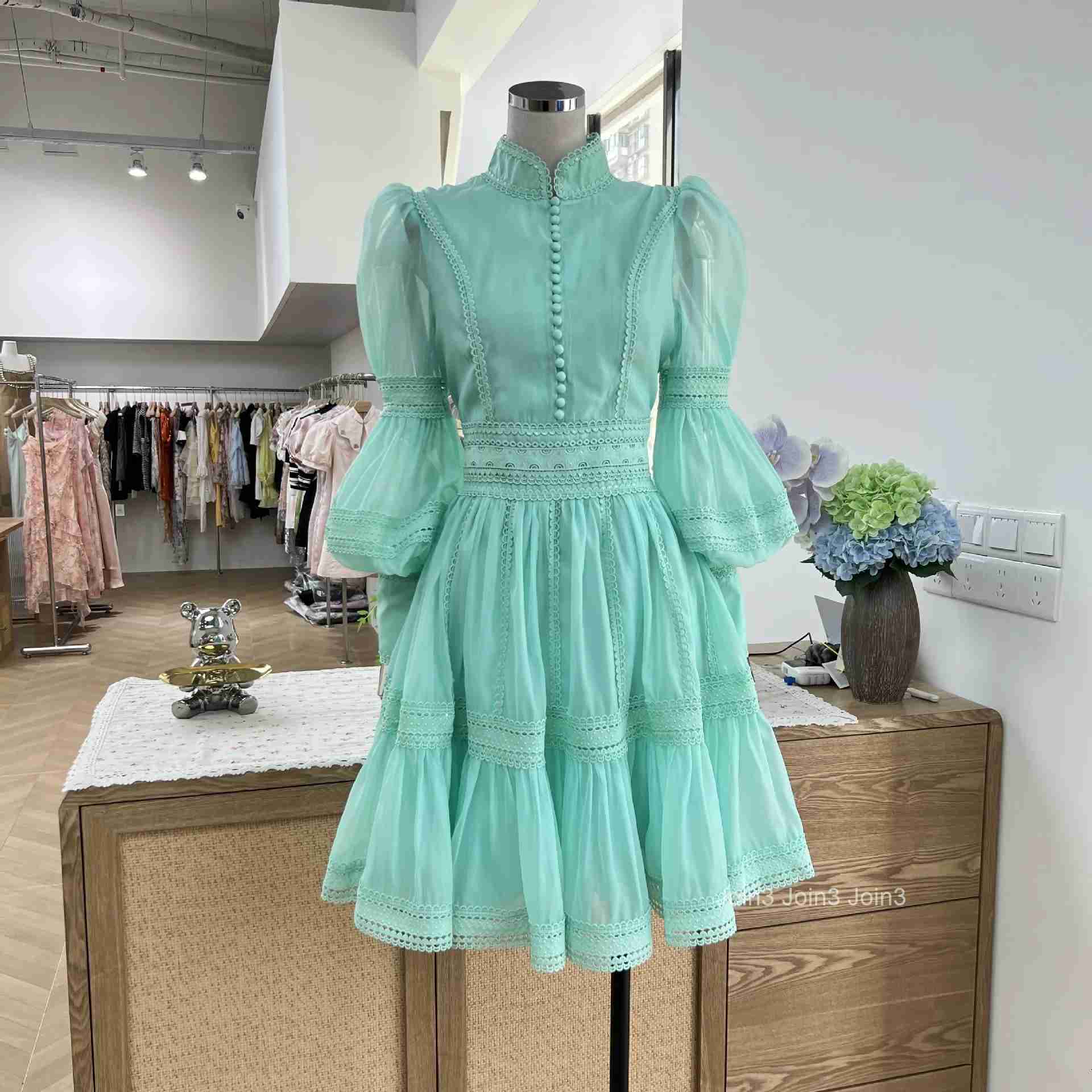 Luxury Organza Prom Evening Dresses Women Summer Autumn Sweet Elegant Lantern Long Sleeve Short Dress Shirt Party Night Formal