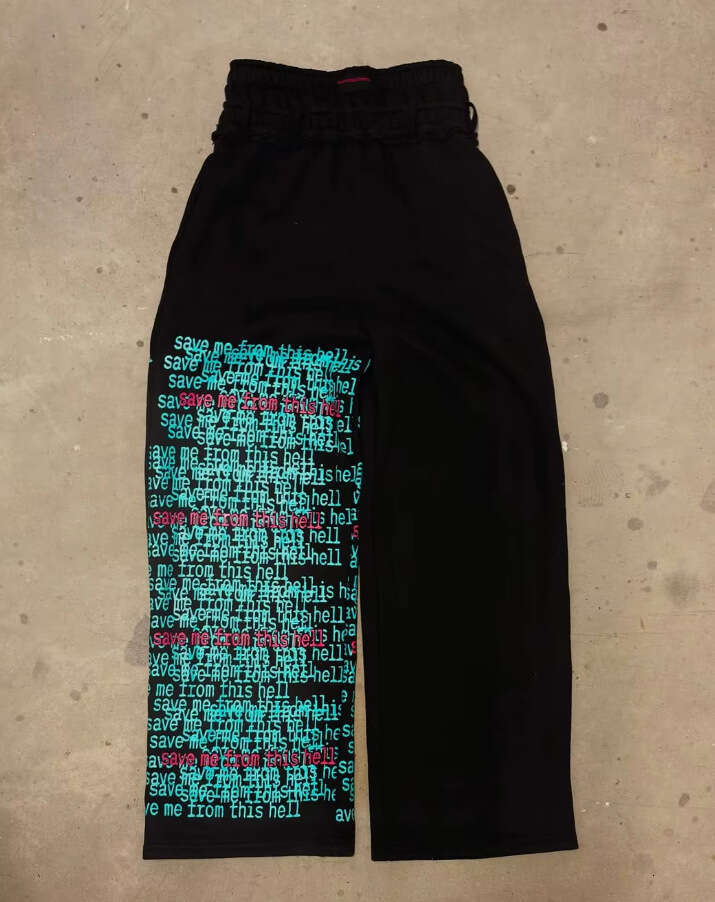 American High Letter Print Double Waistband Casual Pants Men Street Hip Hop Fake Two-Piece Loose Straight Sweatpants