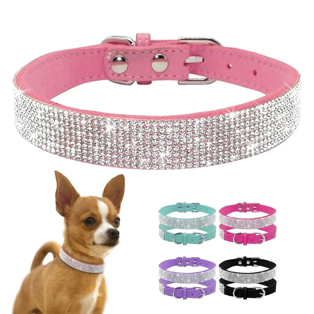 Suede Fiber Crystal Dog Collar Comfortable Glitter Rhinestone Dog Collars Zinc Alloy Buckle Collar for Small Dogs Cats XXS-XL 250805