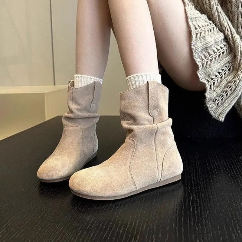 Flats Suede Casual Shoes Women Ankle Boots Slip-on Autumn Apricot Goth Round Toe Short Botas Retro Versatile Chelsea Botines 250805