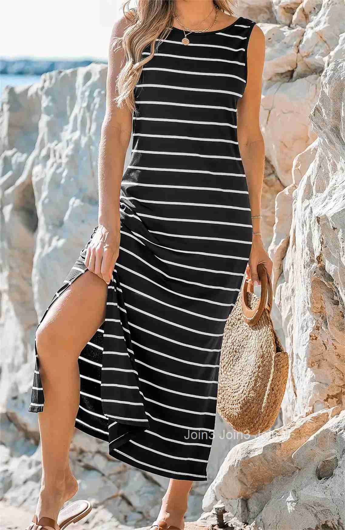 Elegant Black and White Striped Side Slit Vacation Dress