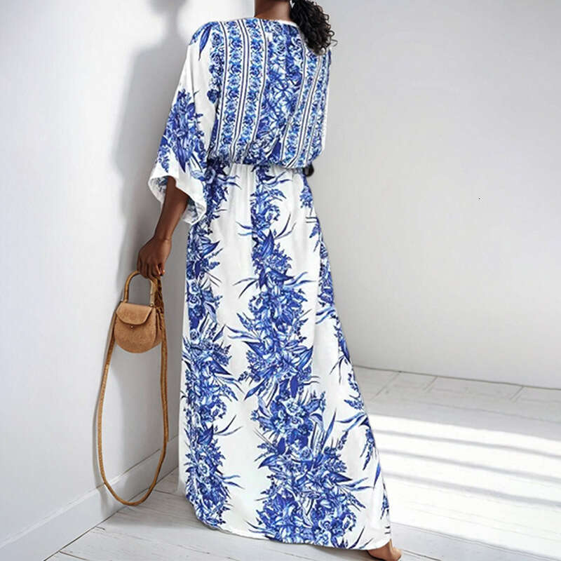 Women's V-Neck Loose Fit Fashionable Versatile Spring Dress B5