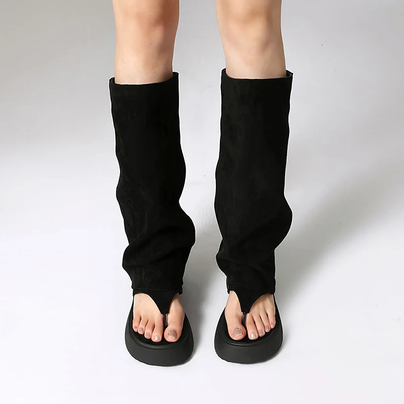 Plus Size Frosted Suede Material Flat Bottom Clip Toe Cover For Womens Summer Midsole Boots Breathable Lining Peep Toe Boots 250805