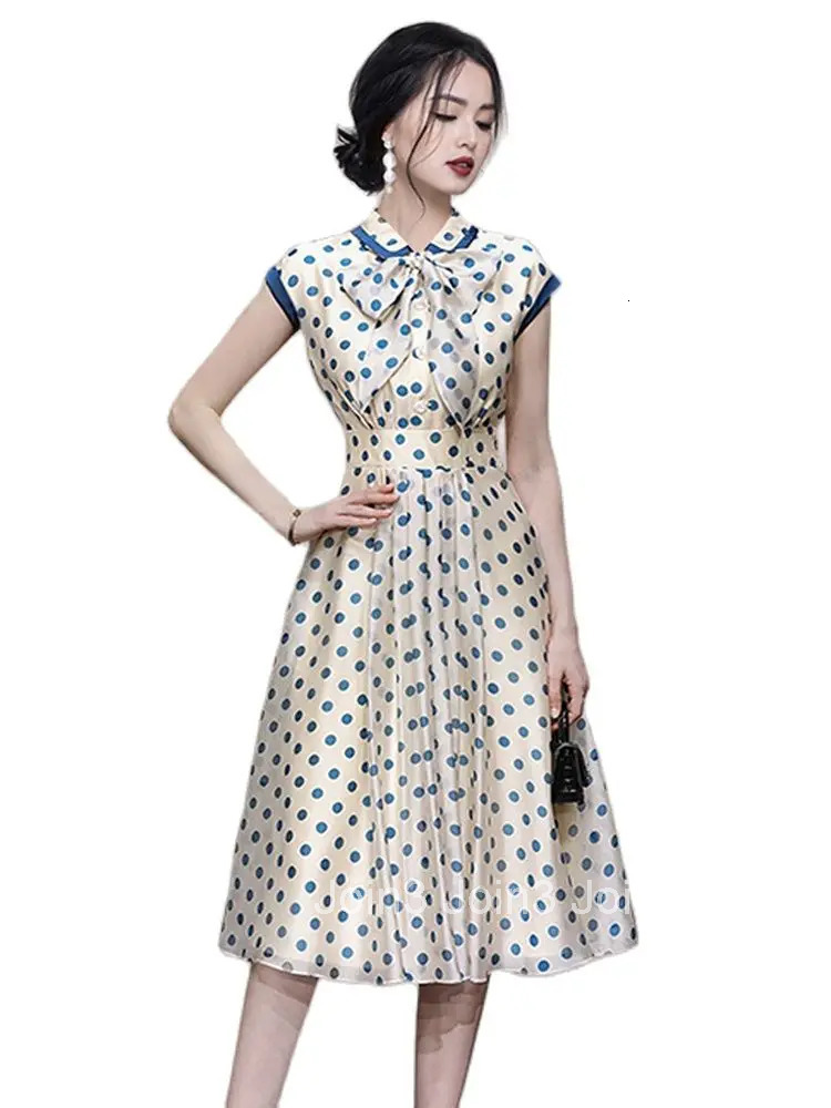 Fashion Temperament Dresses For Women Polka Dot Print Short Sleeve Summer Bowknot Slim A-Line Knee Length Party Dress Vestidos