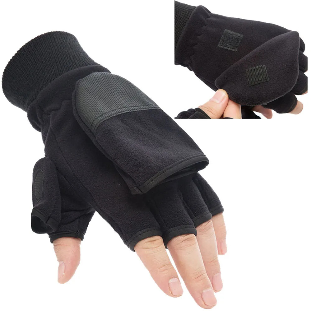 Winter warm Gloves Fingerless Convertible Thermal Mittens Gloves Windproof Polar Fleece Warm men women double-layer Flap Gloves 250806