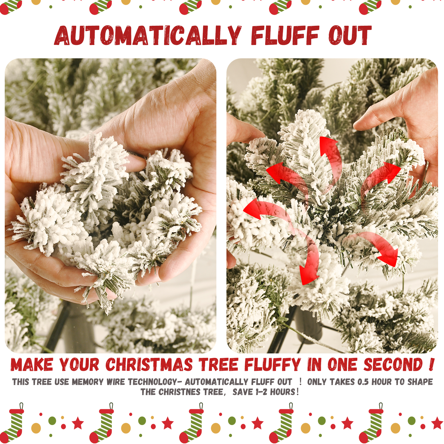 Flocked Christmas tree 7.5ft PE/PVC/Hard needle mixed tree(memory wire+power pole), 1,253+ tips, 400L bi-color led with G45bal